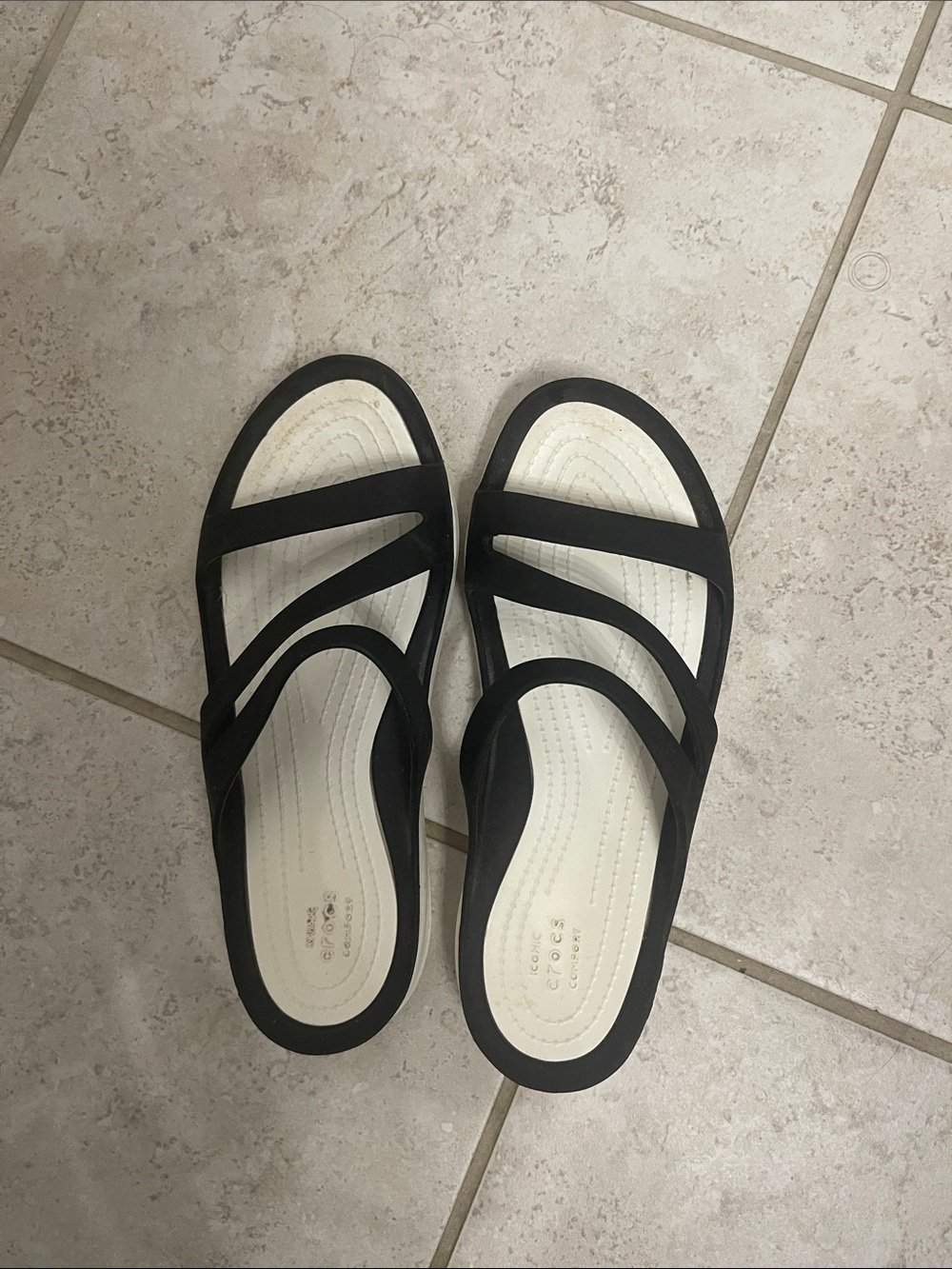 CROCS Black Strappy Slide Sandals with Cream Footbed
